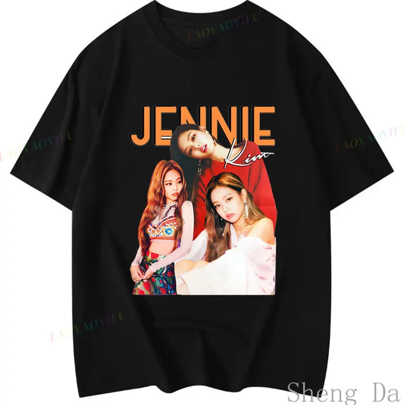 Kpop Popular New Fashion Jennie Kim T-Shirt 90s Graphic Tee Streetwear Harajuku HipHop Rapper Shirt Men Women Short Sleeve 