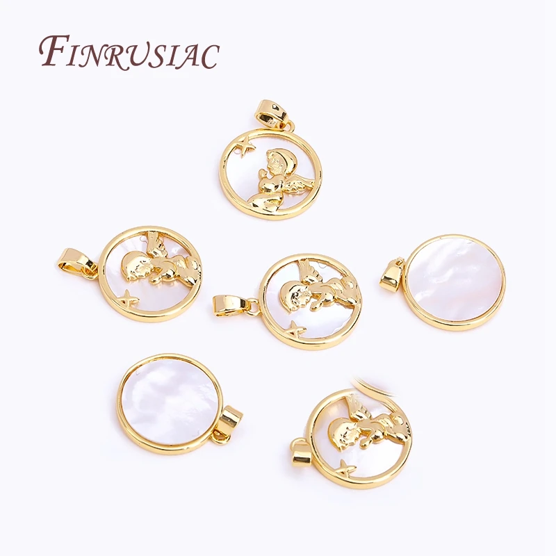 18K Real Gold Plated Angel Praying Suspension Pendant For Making Necklace,Natural Shell Round Charms DIY Handmade Jewelry