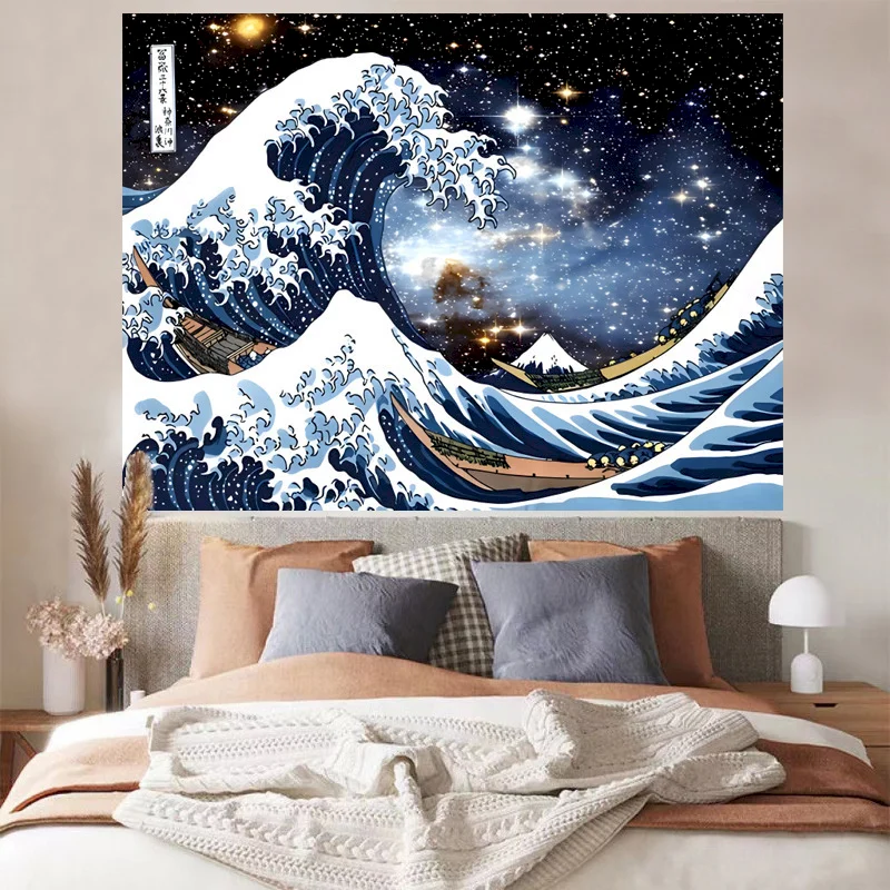 VIKAMA Crane Red Sun Tapestry, Japanese Wave Ukiyo-e Wall Hanging Home Decor, Boho Wall Hanging Tapestry Decor
