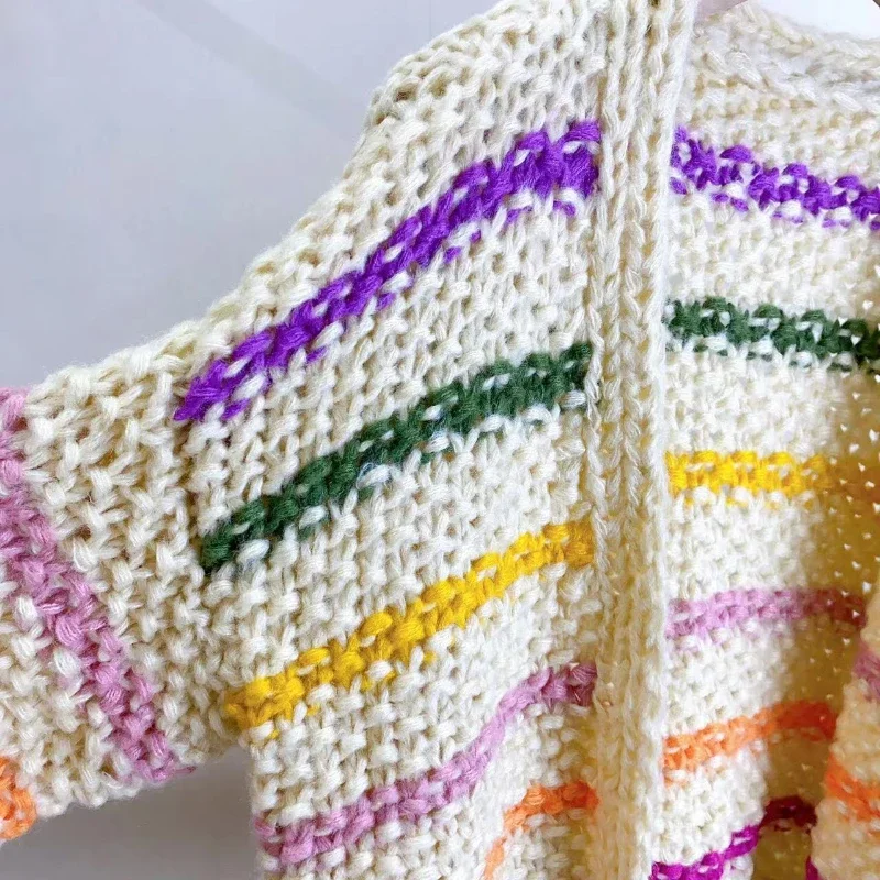 2023 Autumn/Winter New in Women Chunky Mohair Cardigan V-neck Rainbow Color Handmade Knit Striped Sweater Bohemian Style