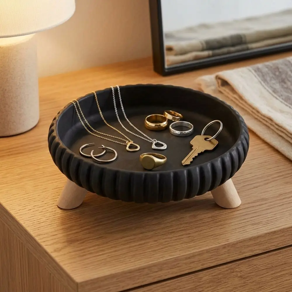 3D-Printed Three-Legged Storage Tray Round Minimalist Style Key Trinket Jewelry Tray Rippled Artistic Sundries Storage Dish