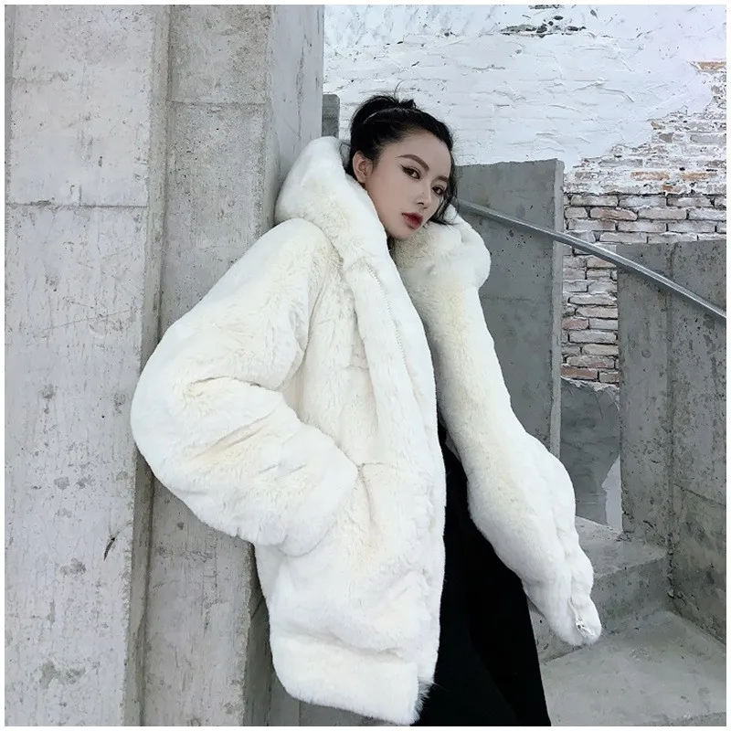 A new loose light mid-length hooded thick fur coat with blend of and for women