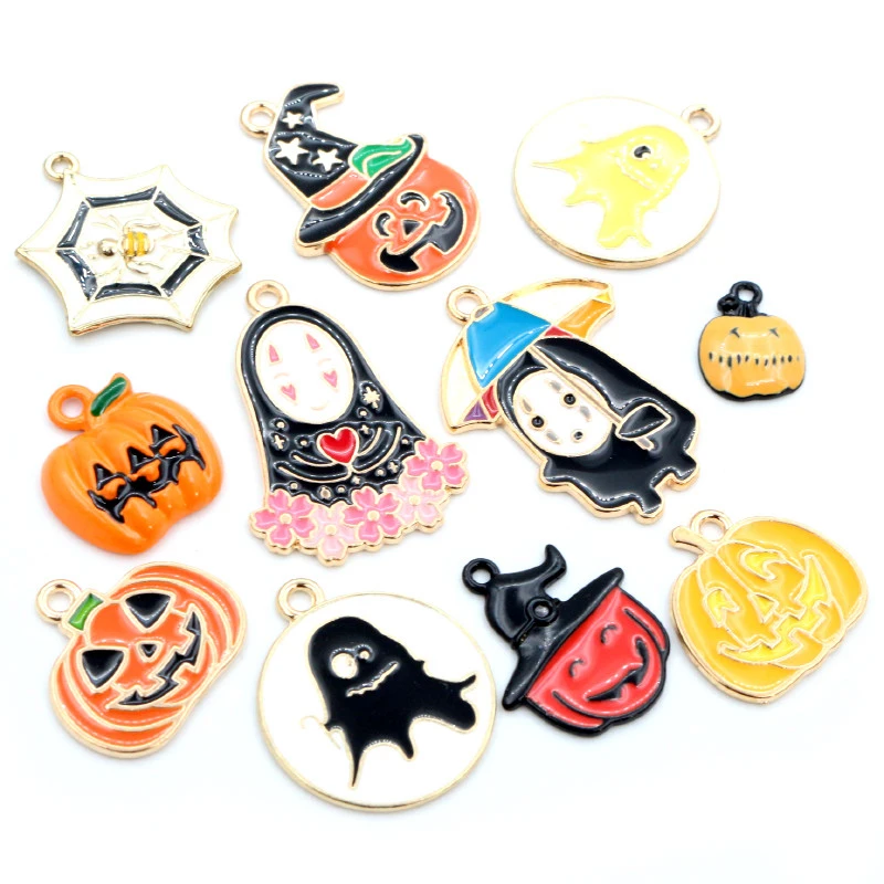 6pcs/lot Enamel Halloween Decorations Charms Pendant for Jewelry Making Pumpkin Ghost Spider for Necklace Bracelet Supplies