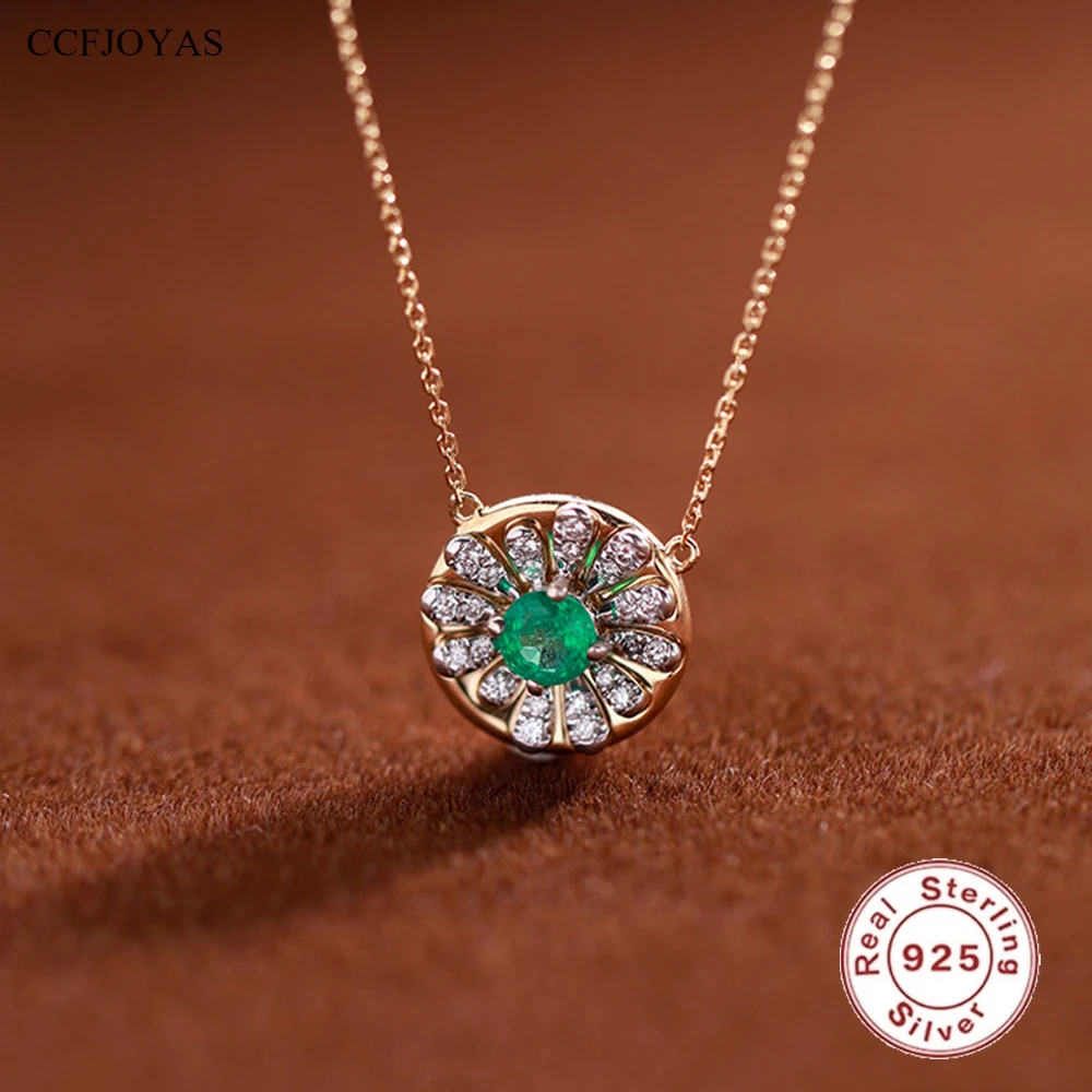 

CCFJOYAS 925 Sterling Silver Retro Emerald Zircon Round Shaped Pendant Necklace 18k Gold Plated Women Vintage Necklace Jewelry