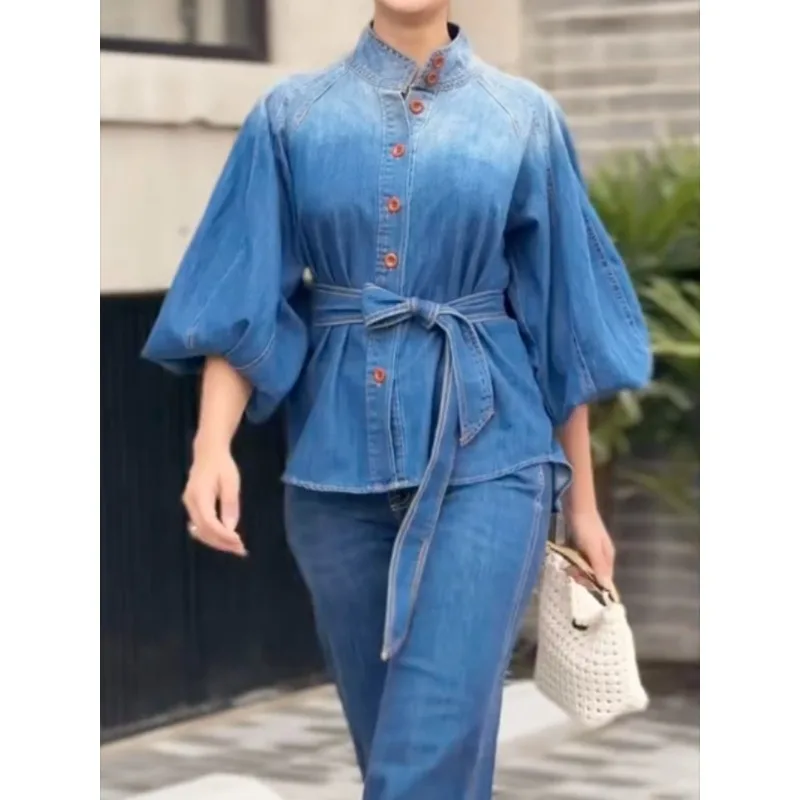 

Женские синие джинсовые топы из стираного денима, 2029, хлопковые винтажные однобортные блузки трапециевидной формы с воротником-фонариком и поясом 180632