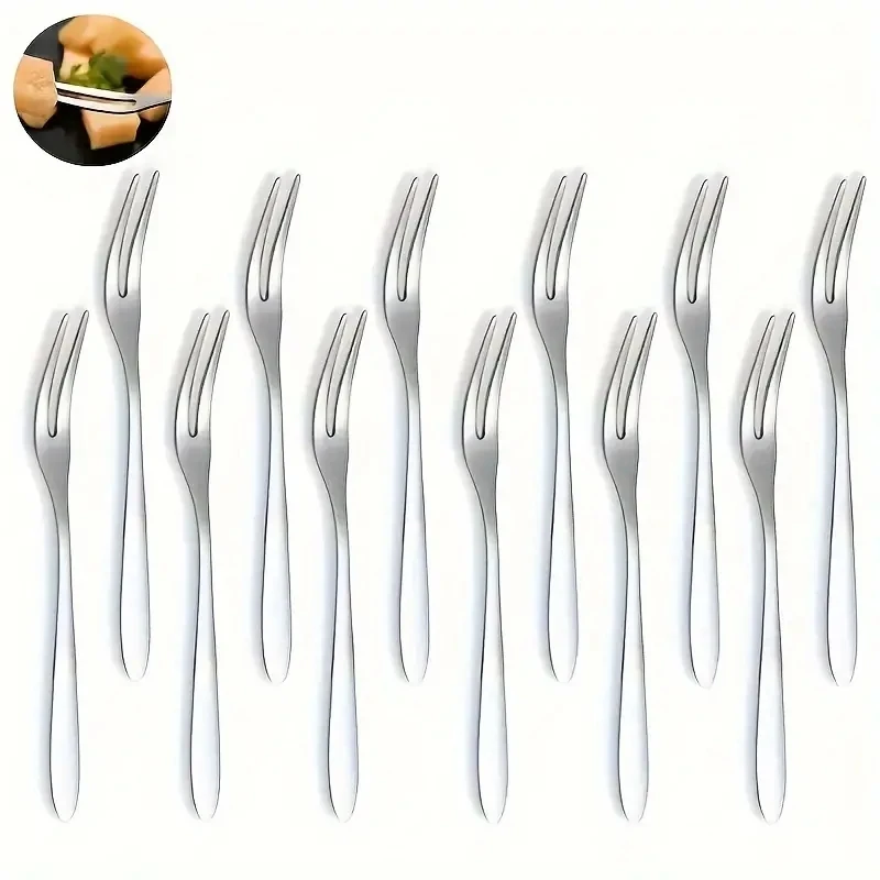 12pcs Silvery Stainless Steel Fork Set Portable Cocktail Salad Fruit Fork Reusable Fruit Fork Kitchen Accessories