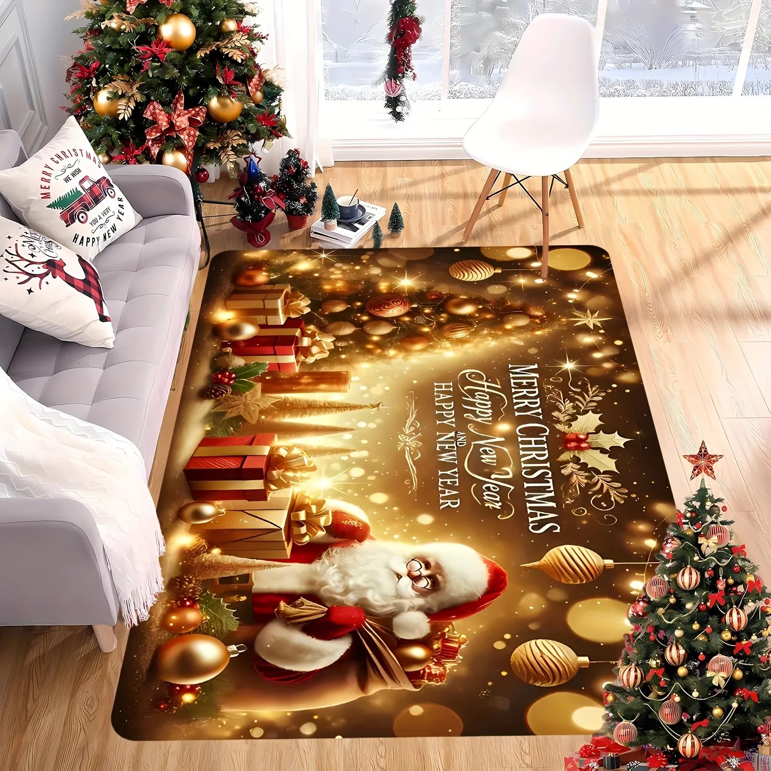Luxury Gold Christmas Area Rug Happy New Year Santa Claus Large Rectangle Carpet for Living Room Dining Sofa Floor Decoration
