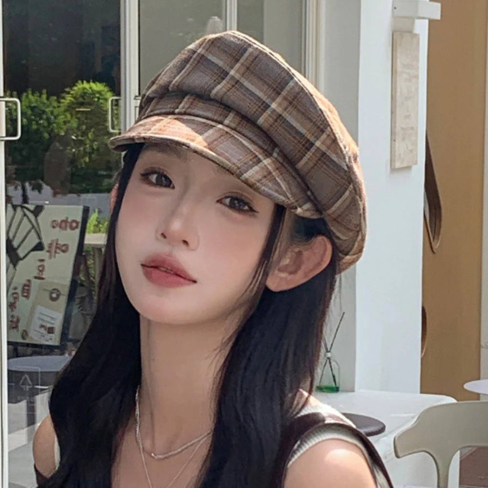 HT4425 Women Berets Vintage Flat Top Army Captain Cap Retro Plaid Artist Painter Beret Hat Ladies Spring Autumn Caps for Women image 4
