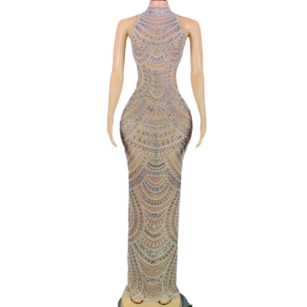 

Sparkly Pearl Rhinestone Long Sleeveless Dress For Women Birthday Party Evening Prom Dressy Wedding Luxury Outfits
