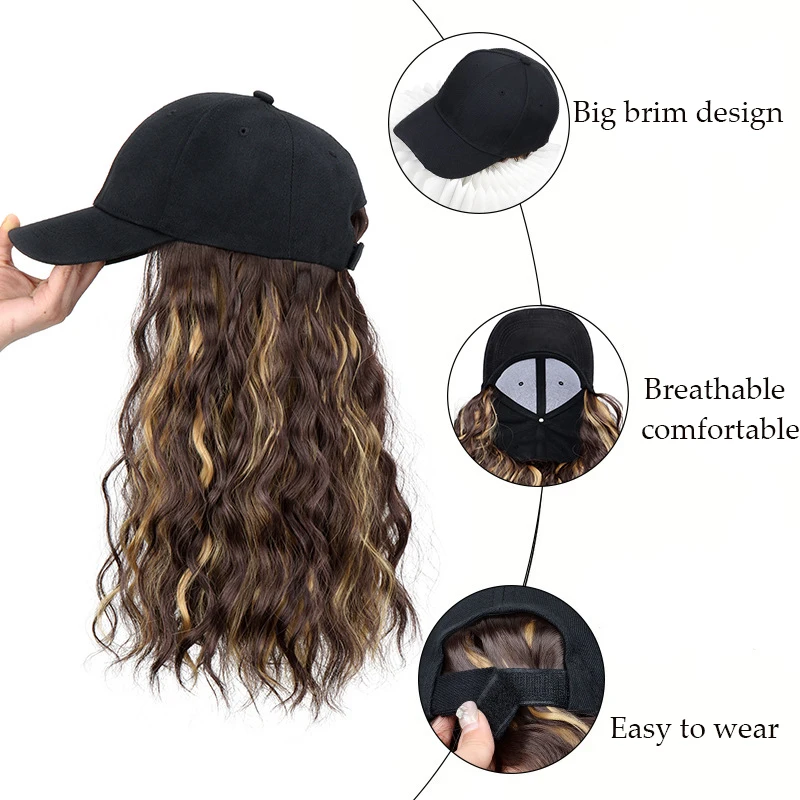 วิกผมหมวกเบสบอลสังเคราะห์สำหรับผู้หญิงต่อผมหยักและหยิก, แถบด้านในแบบปรับได้, การจัดแต่งทรงผมทุกวัน