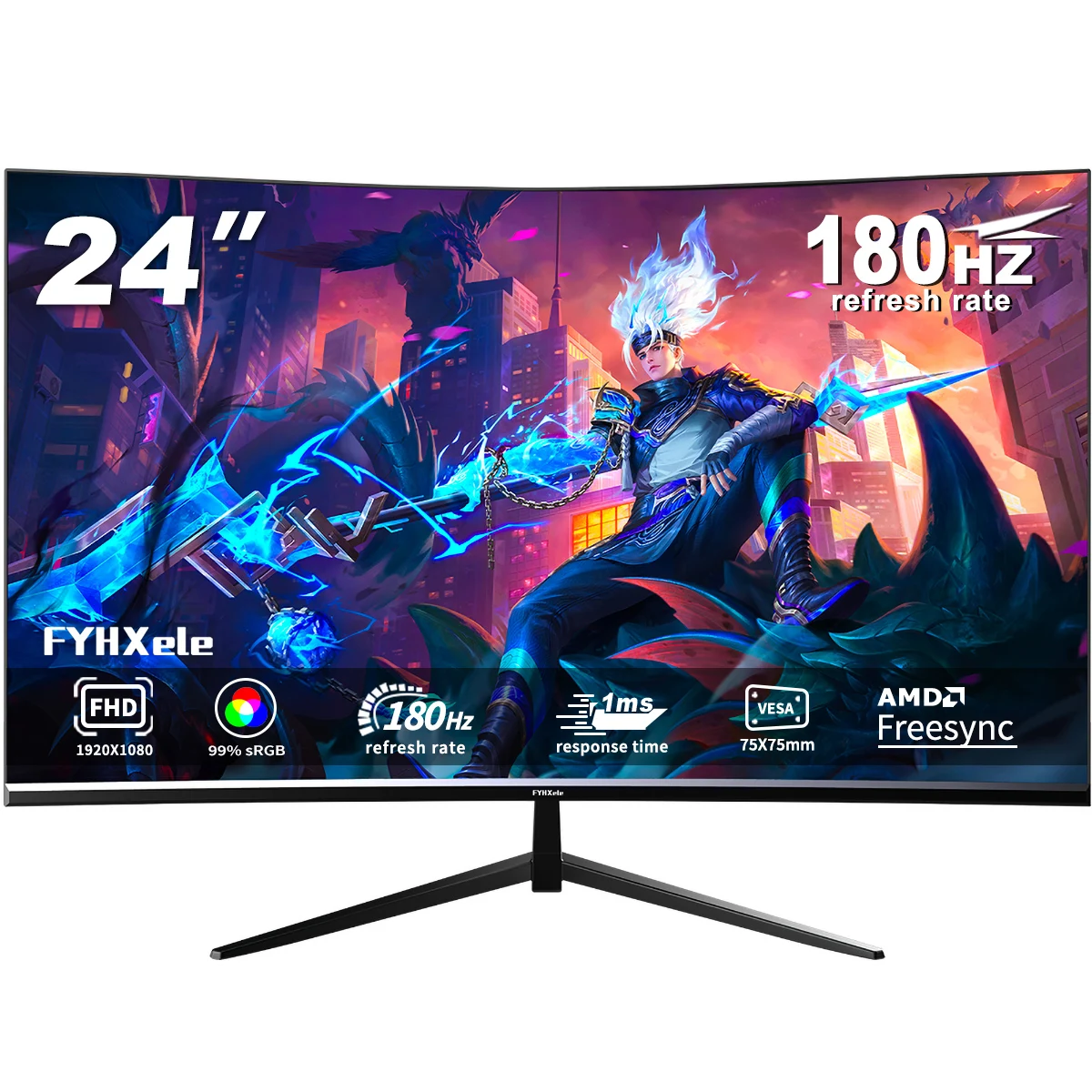 24 Zoll 180Hz Curved Gaming Monitor 165Hz 1MS VA FHD Desktop-Displays 250cd/m² für PC-Monitore Gamer Eingebauter Lautsprecher DP