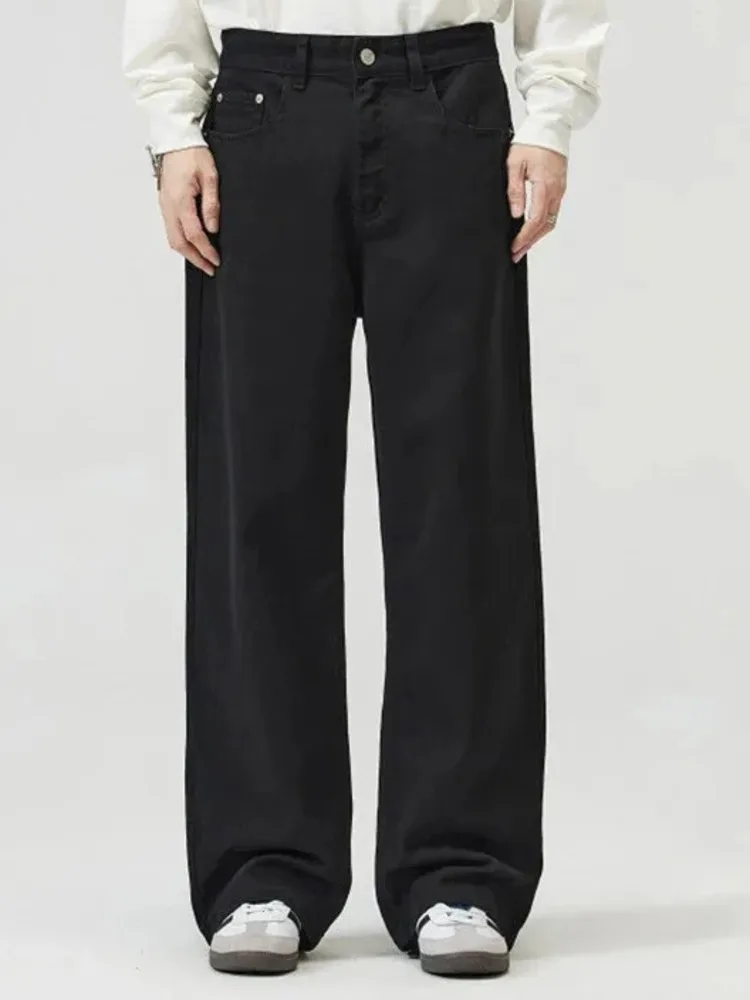 Korean Style Men's Denim Pants Solid Color Straight All-match Trousers Wide Leg Loose Male Jeans Summer Streetwear VF78