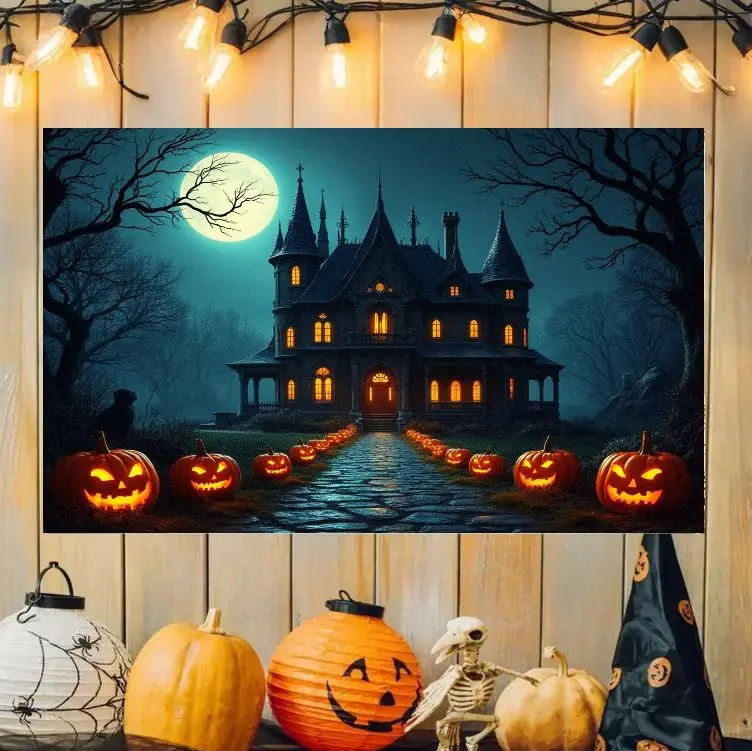 VIKAMA Dark Haunted Castle Halloween Tapestry Full Moon Jack O Lantern Path Dead Tree Holiday Art Wall Hanging Bedroom Dorm
