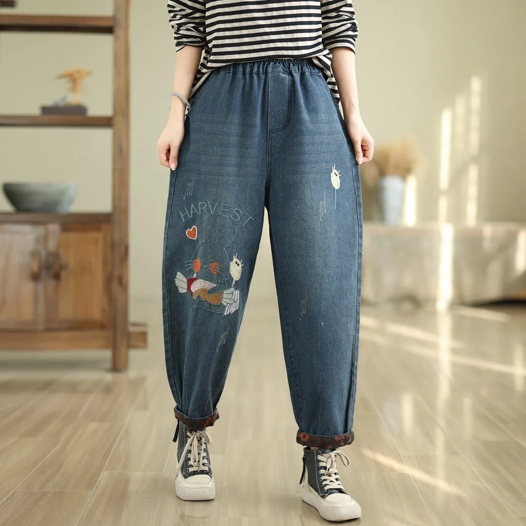 

Vintage Embroidered Jeans Spring Elastic Waistline Women Pants Loose Jeans For Women