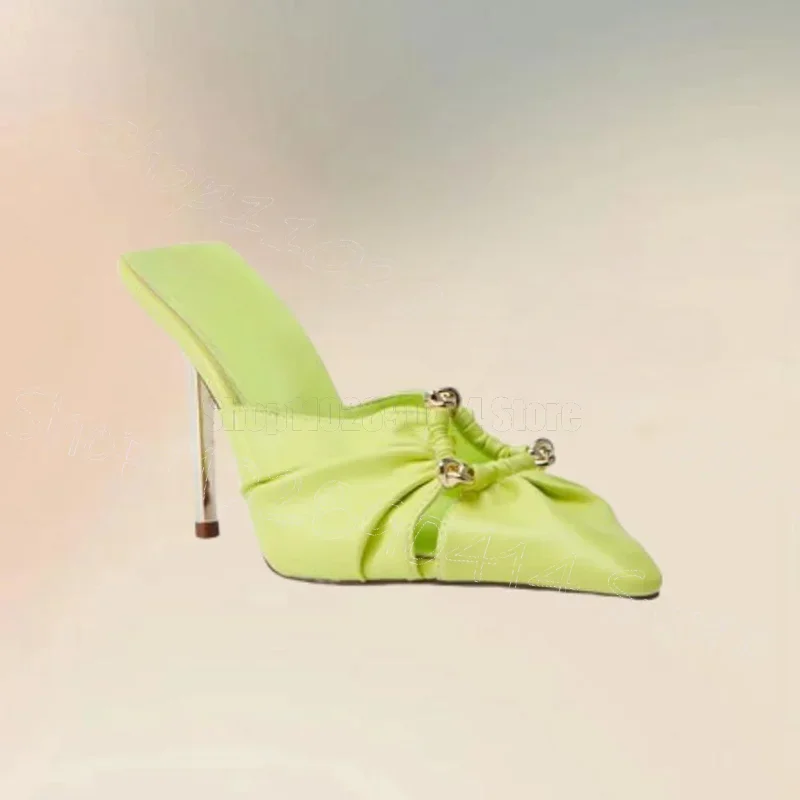 

Green Pleated Design Pointed Toe Metal Decor Slippers Slip On Women Shoes Thin High Heels Party Banquet 2025 Zapatos Para Mujere