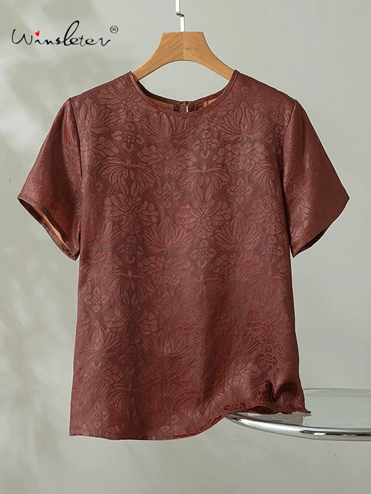 

Winsleter-100%Real Silk Elegant Watered Gauze T-shirt, Woman Short Sleeve Jacquard, Retro Casual Loose Top, 2025 Autumn T58668CC