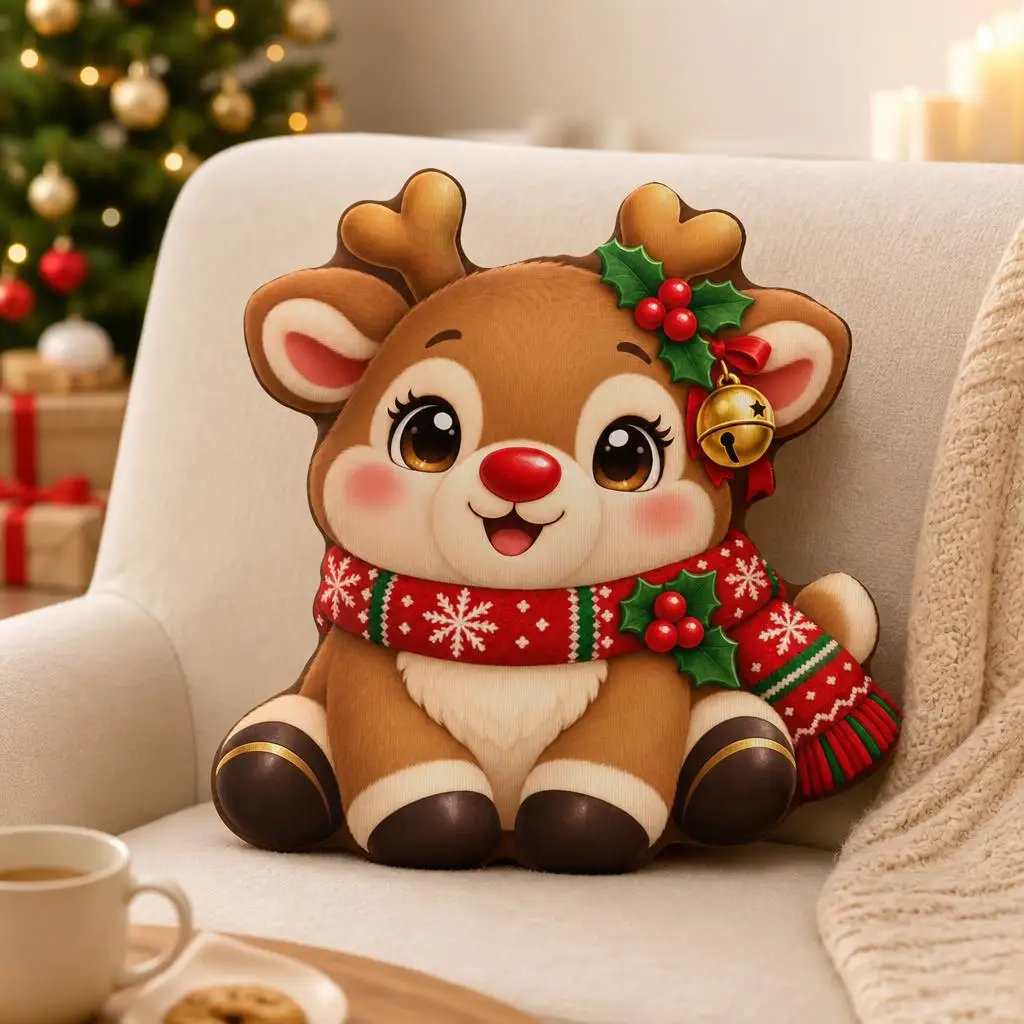 Christmas Reindeer Plush Pillow Cute Cartoon Cushion with Red Scarf Stuffed Throw Pillow for Sofa Holiday Home Decor Gift
