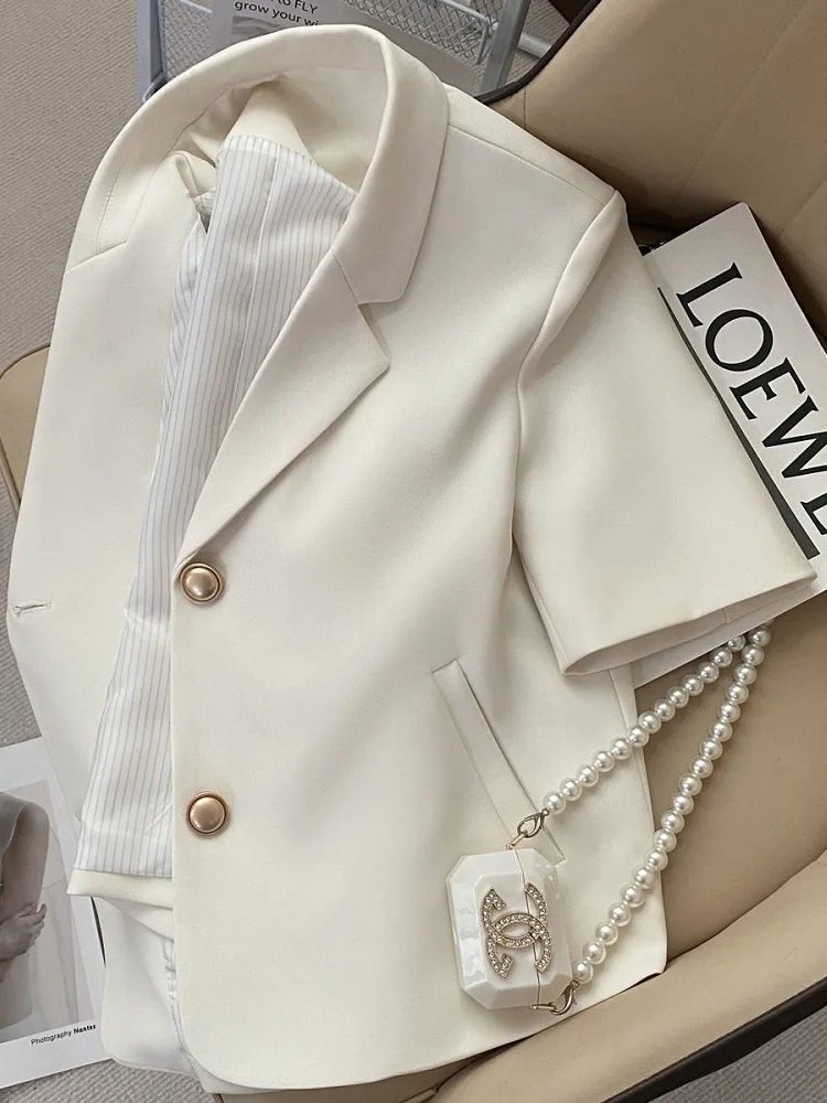 Ultra-Short Sleeve Women's  Jacket in Beige Color for Commuting 2026 Summer New Style Loose Fit Thin Polyester Fiber