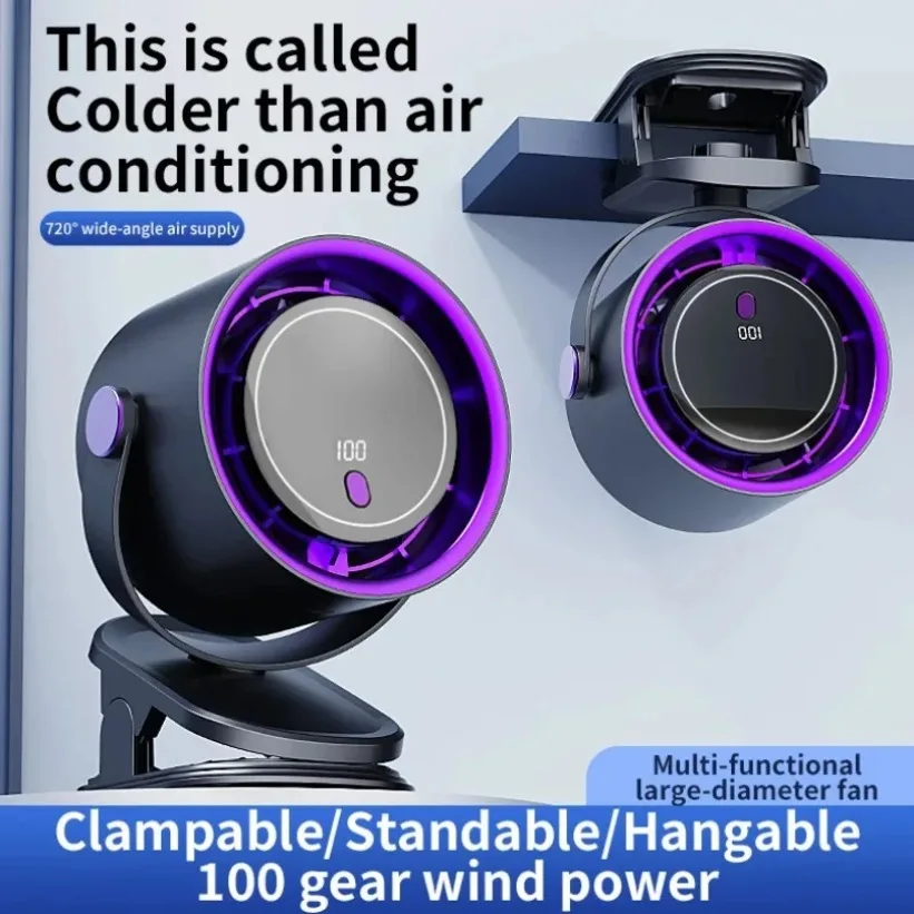 LCD Display Portable Fan Rechargeable 100 Speed Clip On Hanging For Camping Desk Bedroom Wireless 720° Timer Black White