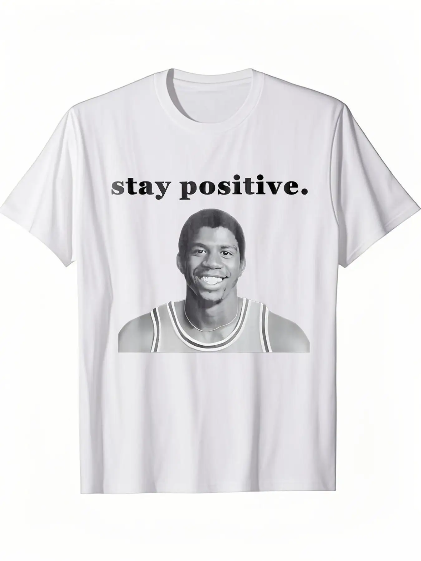 Stay Positive Basketball Player Graphic T-Shirt - Eye-catching Black and White Photo Paired with Striking Text, Perfect for Casual Wear and Sports Enthusiasts, A Unique Fashion Statement Tee for Everyday Comfort