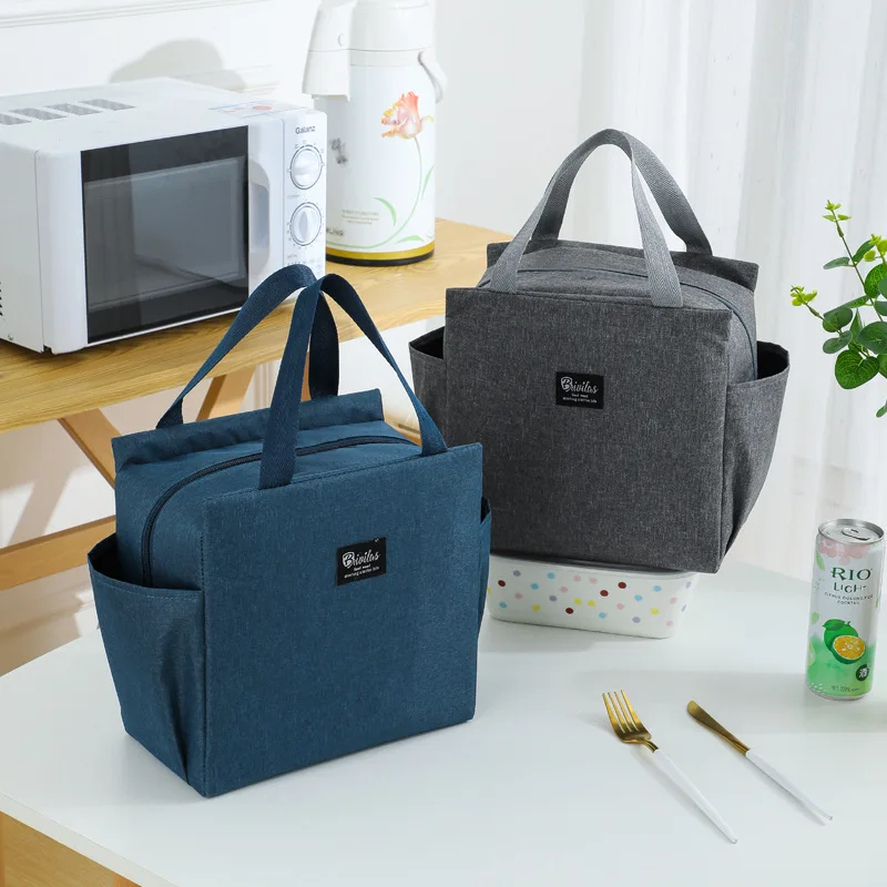 Solid Color Lunch Bags Large Capacity Double Side Pockets Handbag Picnic Food Storage Bag Heat Insulation Lunch Box Bag Oxford