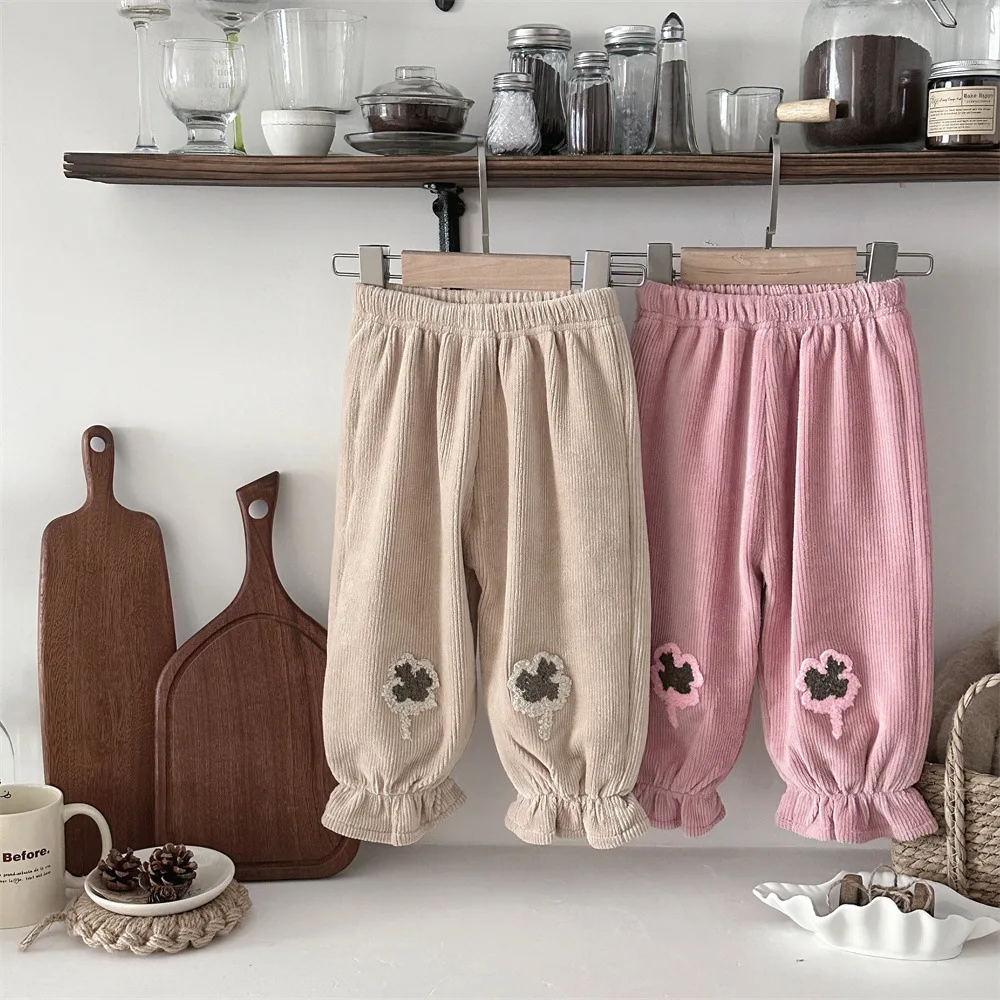 2024 Winter New Baby Girl Fleece Casual Pants Girls Flower Embroidery Corduroy Trousers Infant Toddler Versatile Loose Trousers