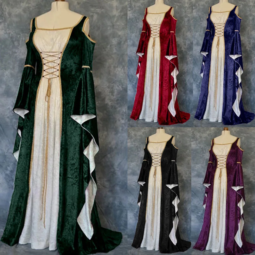 Large Size Medieval European Court Long Dress Women Gold Velvet Trumpet Sleeved Dresses Retro Ladies Stage Performance Costumes