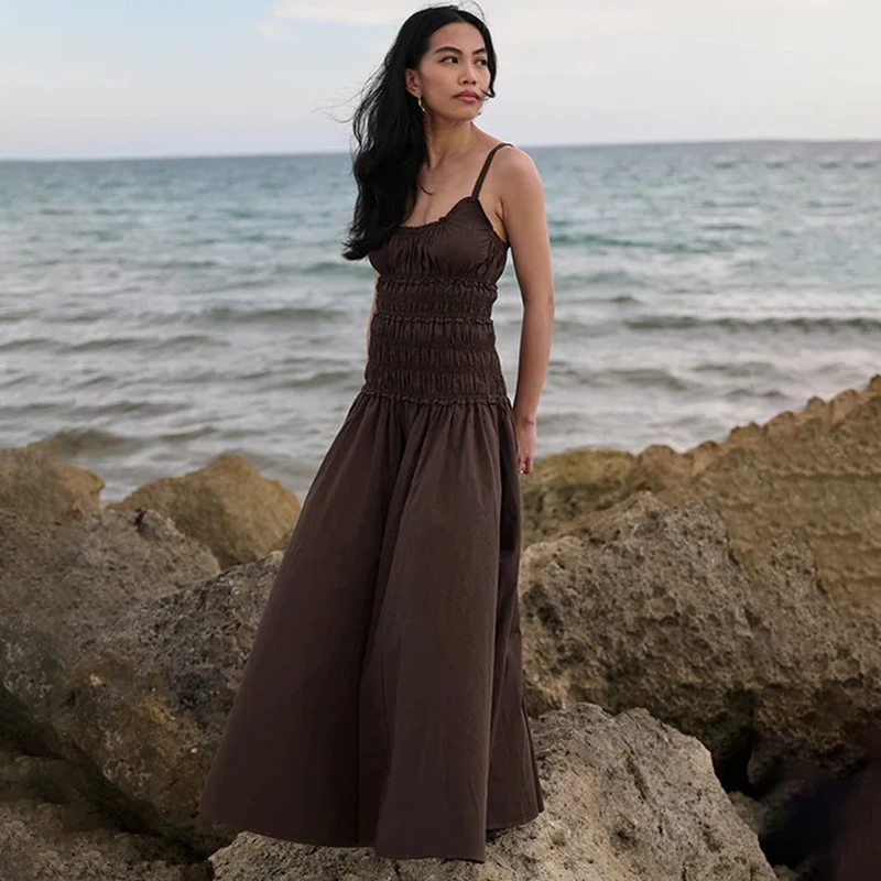 Tornova Effen Spaghetti Jurk Voor Vrouwen Ruches Mouwloze Lange Jurk Zomervakantie Kleding Casual Mode Vrouwelijke Jurk