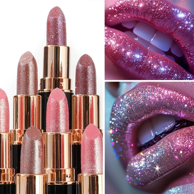 

6Color Shiny Metallic Pearlescent Lipstick Waterproof Long Lasting Diamond Lipstick Non Stick Red Pink Lip Tint Makeup Cosmetic