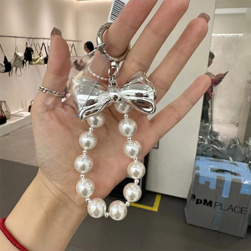 Bowknot Pearl Hoop Keychain para mulheres, pingente de charme, chaveiro ornamento, mochila, bolsa, presente para meninas