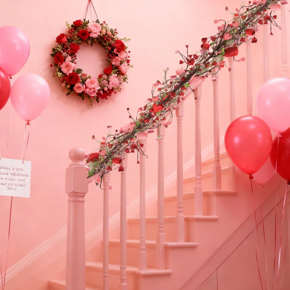 1.6M Artificial Tulip Garland with Heart Berries Artificial Flowers Vine for Outdoor Decor and Accessories Home Decoration