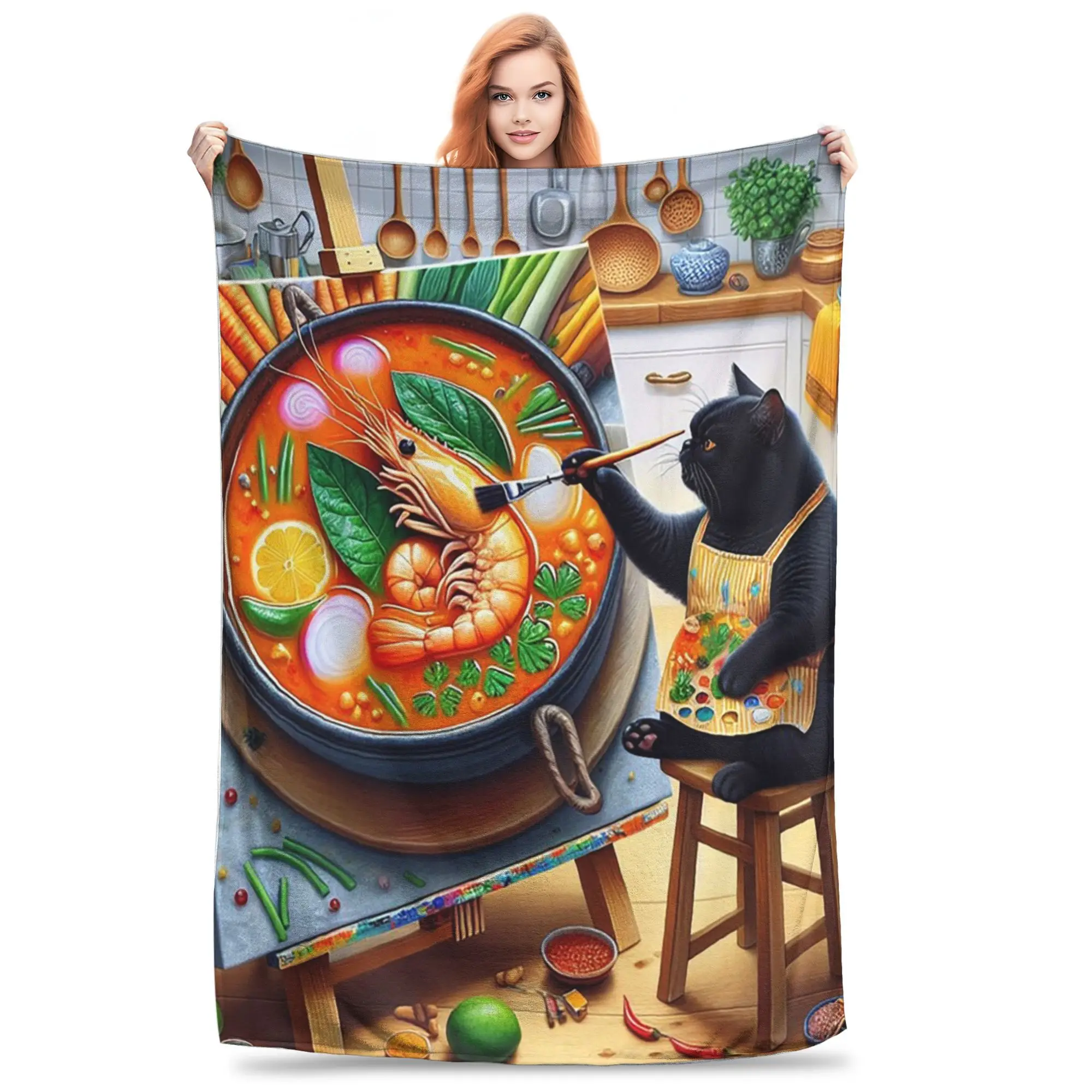 Cat drawing Tom yam gung in a kitchen Blanket Lightweight Fleece Throw Blanket for Home Bedroom Travel Throws Bedspread Quilt