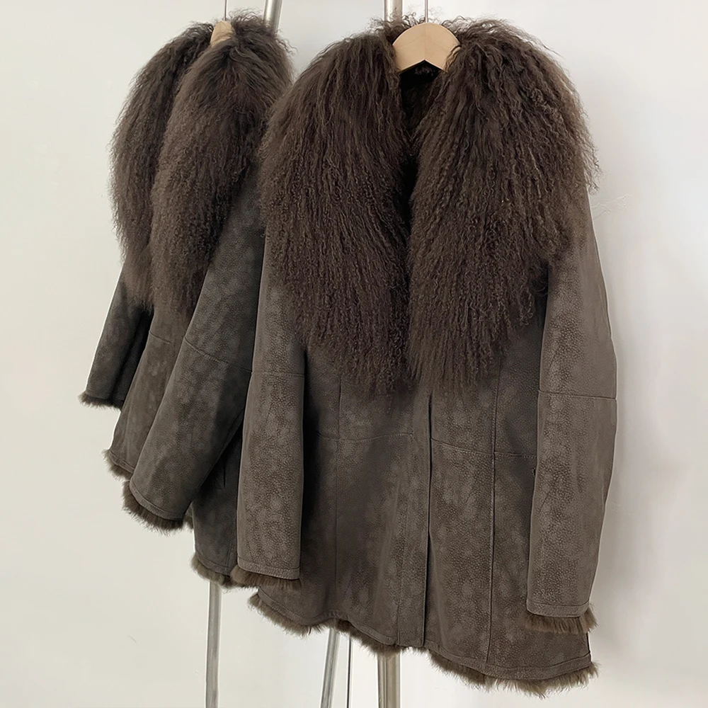 MENINA الخريف الشتاء النساء معطف حقيقي منغوليا الطبيعية الأغنام الفراء بدوره إلى أسفل طوق سترة أنيقة تحمل شعار لعبة البيسبول سميكة الدافئة ملابس خارجية غير رسمية