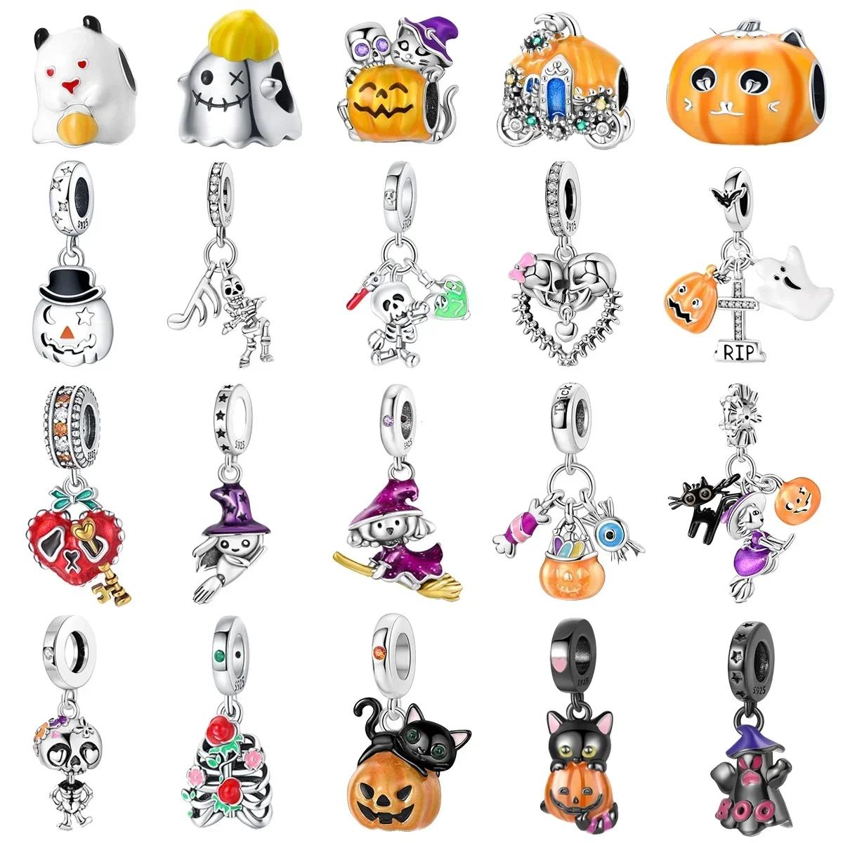 Original 925 Sterling Silver Halloween Skull Ghost Pumpkin Witch Black Cat Beads Charms for Pandora Bracelet DIY Jewellery Gift