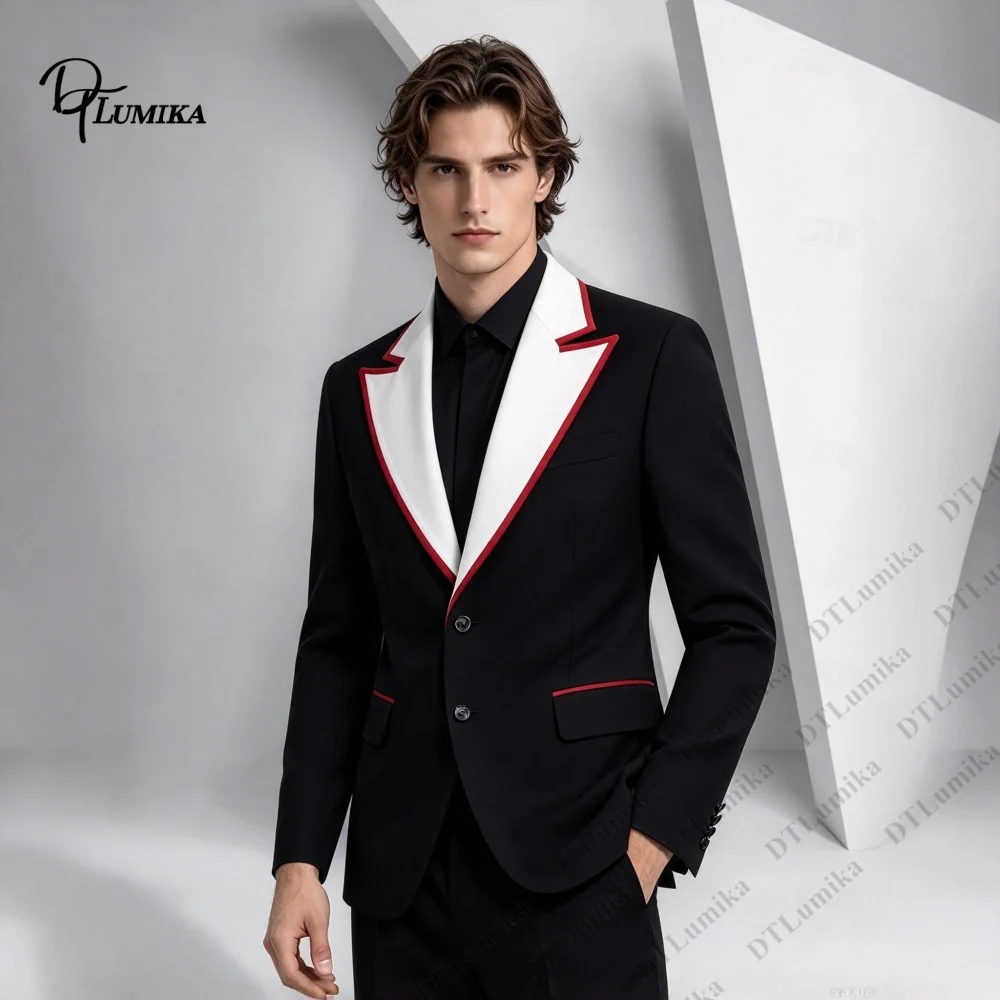 Bespoke Mens Contrast Lapel Suit 2Pcs Black Blazer with White Red Notch Lapel & Trousers, Formal Outfit for Prom Wedding Custom