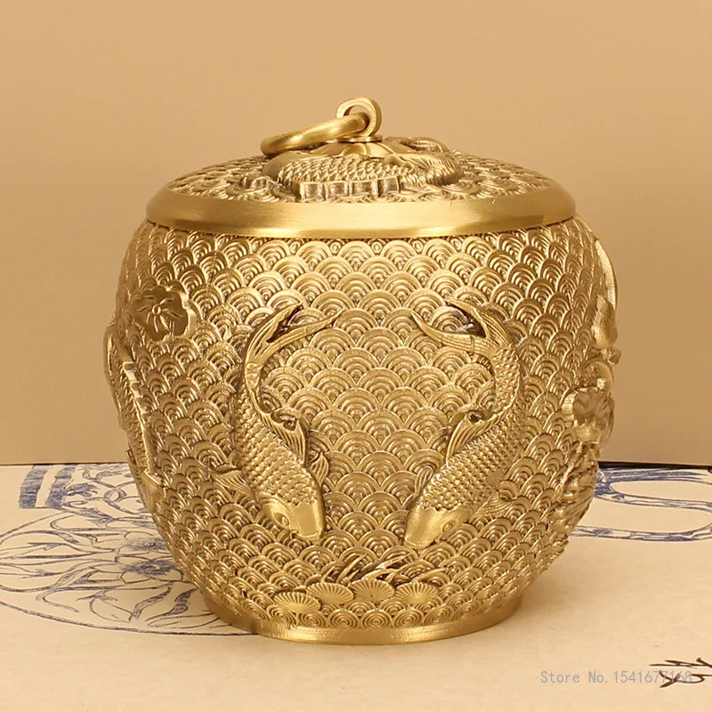 Chinese Brass Carp Pattern Sealed Tea Can Portable Travel Mini Storage Home Furnishings Office Tabletop Decor Copper Tea Box 1Pc