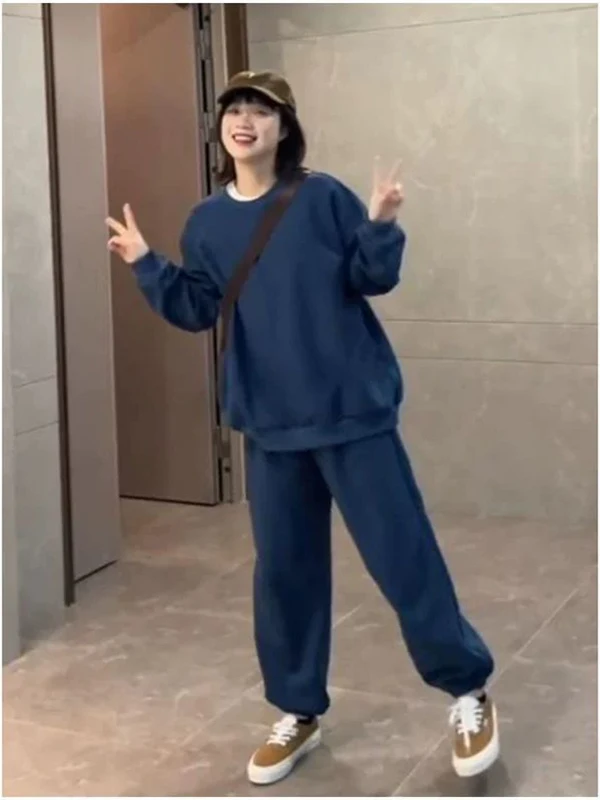

Korean Sle plus Size 300 Pou Retro Casual Sports Two-Piece Set Loose round Ne Sweatirt Sweatpants Autumn Set for plu...