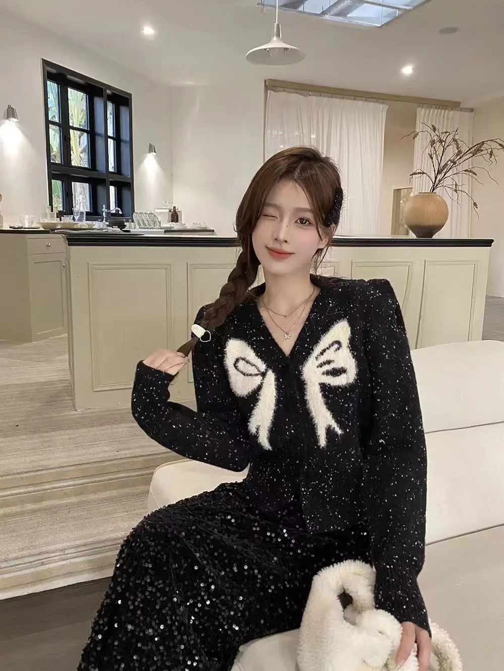 French Knitted New Coat Autumn/Winter Bow Knitted Sweater Long Sleeve Fashion Sweater Cardigan Top