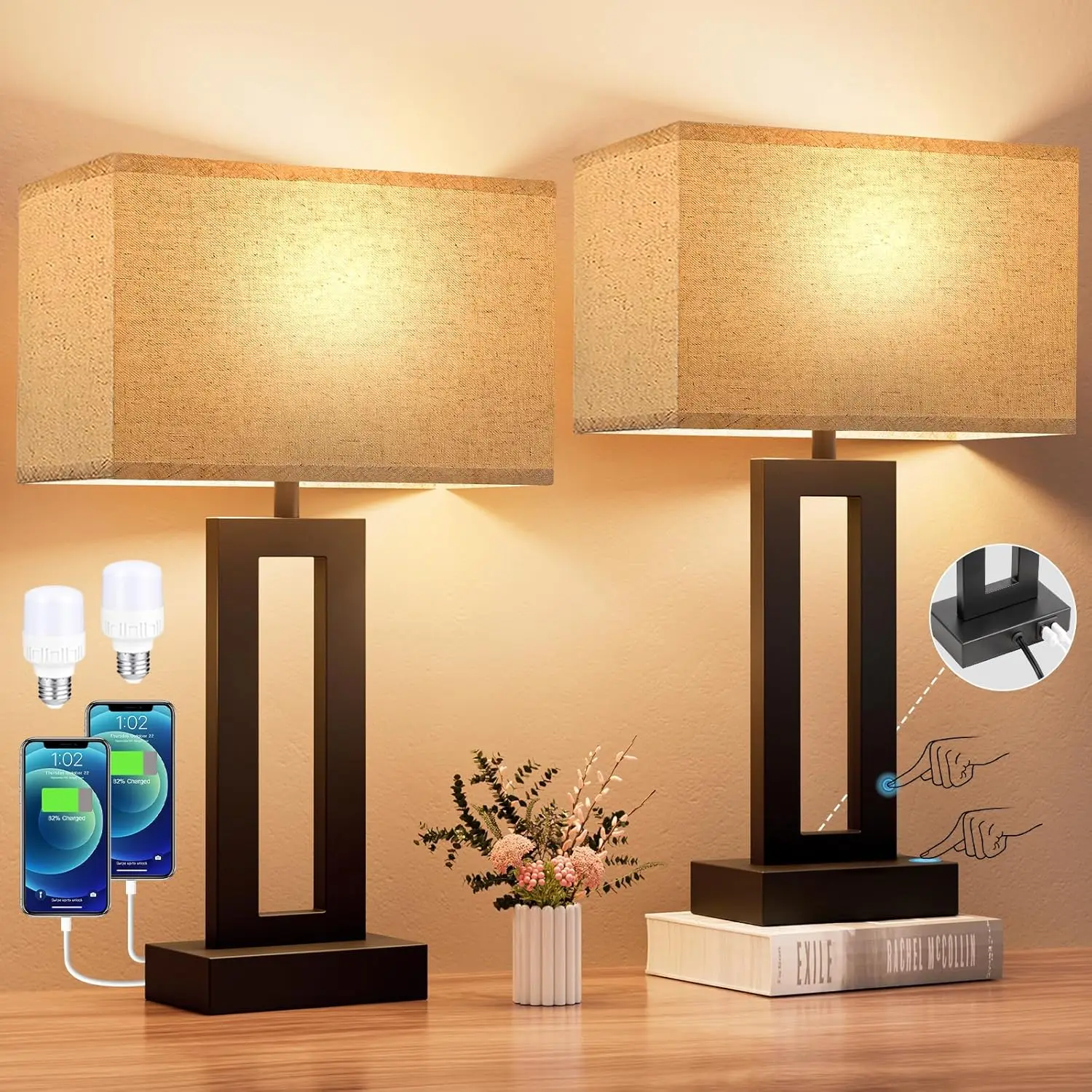 

Touch Control Dimmable Bedside Lamps with USB Charging, LED Bulbs Included, Easy Assembly for Night Stands