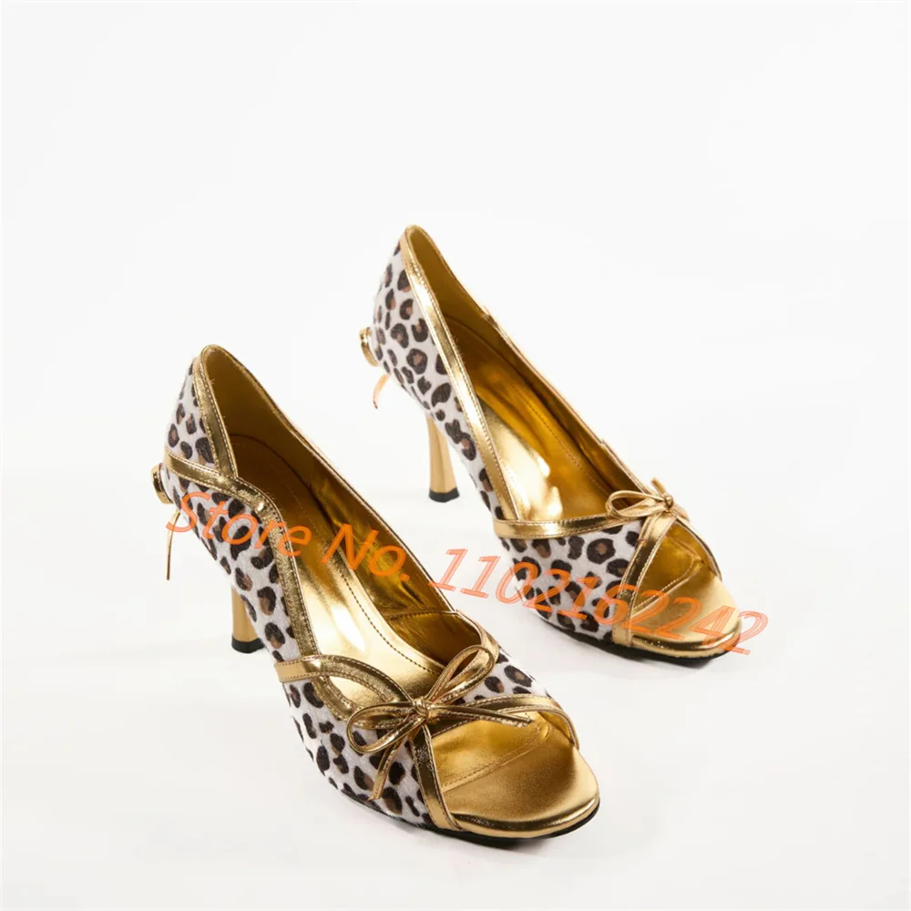 

Bows Leopard Print Patchwork Toe-Exposing High Heels Women'S Summer Fine Heel Slip-On Gold Sandals Luxury Party Dress Pumps 43