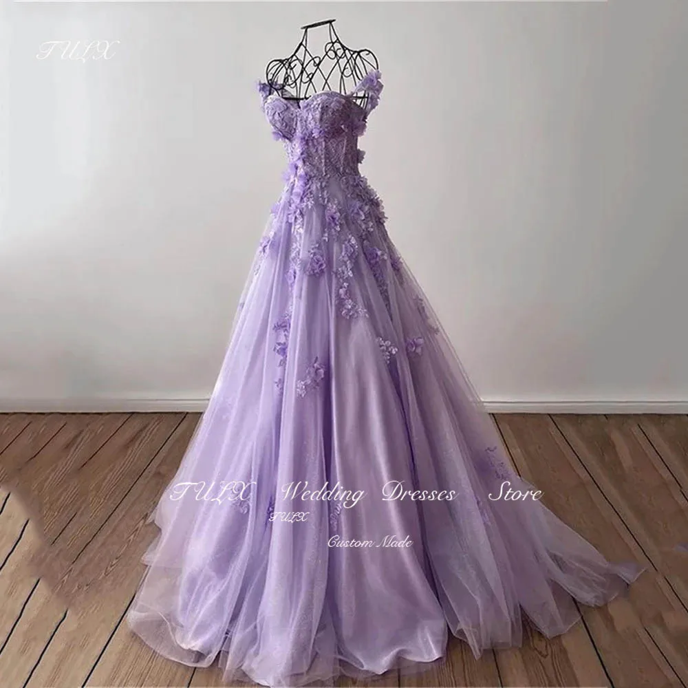 TULX-Robe de Soirée de Forme Trapèze en Tulle Violet, Tenue de Bal de Forme Princesse à Fleurs 3D, Faite à la Main, pour Occasions Formelles