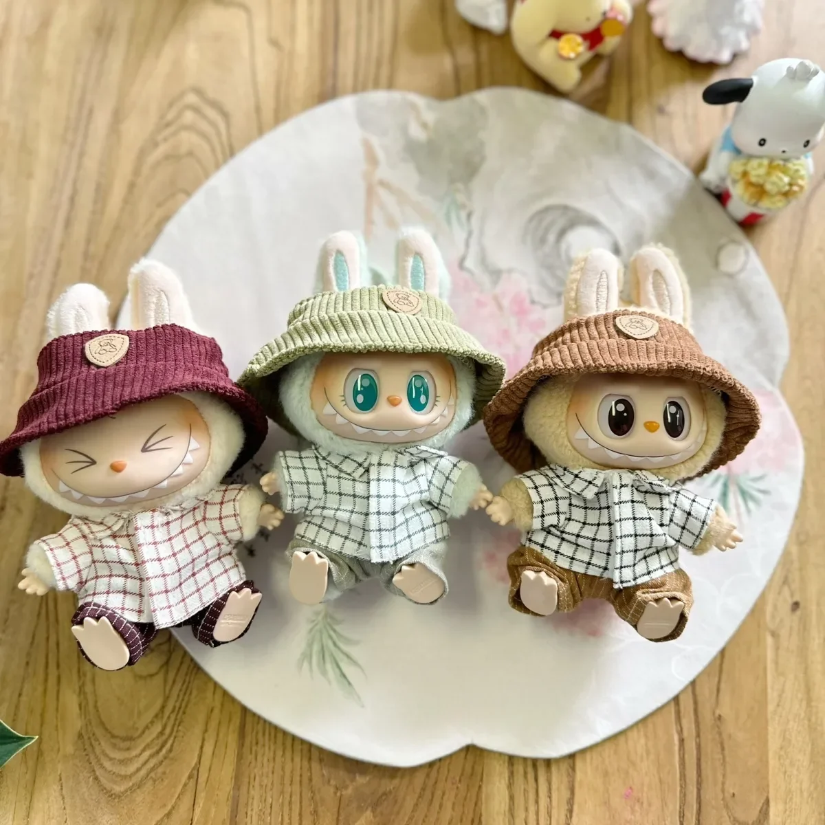 

17cm Hot Labubu Doll Clothes Fashion Clothes Hat Plaid Shirt Jeans For 17cm Dolls Accessories Three-piece Set Gift