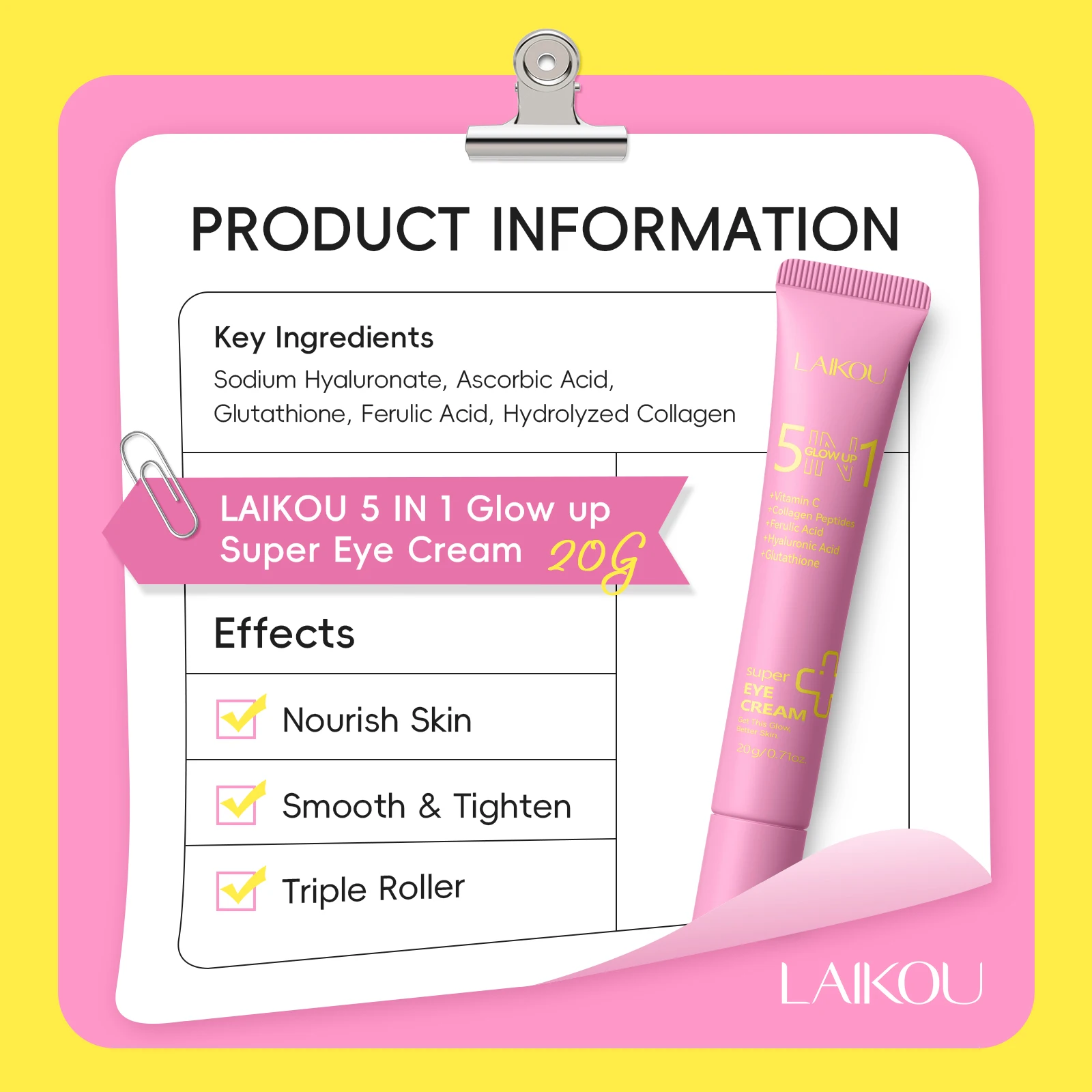 LAIKOU 5 IN 1 Glow Up Super Eye Cream 20g, Triple Roller Smooth Tighten Nourish Eye Care With Collagen Vitamin C Hyaluronic Acid