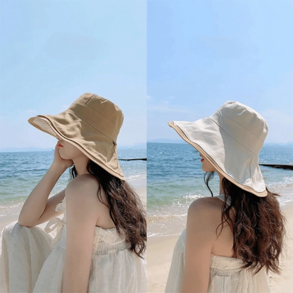 

Broad-edged Double-sided Wear Fisherman's Hat Soft Foldable Bucket Hat Removable Windproof Rope Versatile Women Sun Hat Vacation