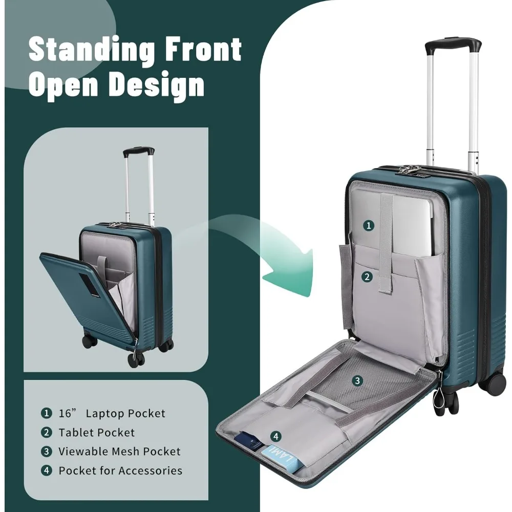 Bagaglio a mano tascabile per laptop da 20 pollici con apertura frontale con guscio rigido, ruote girevoli, lucchetto TSA e cerniera YKK - Viaggio compatto