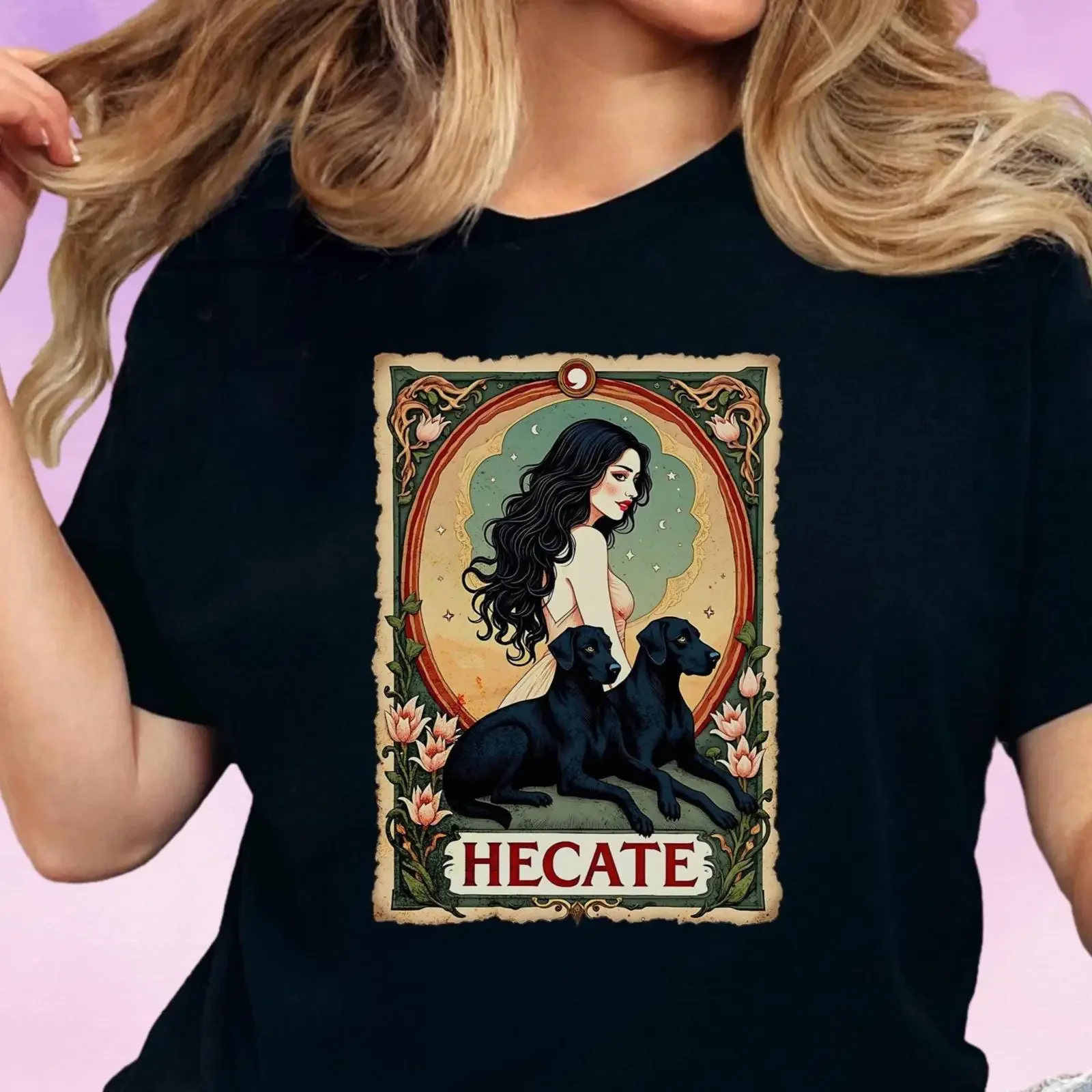 Vintage Art Nouveau Hecate T Shirt Witchy Moon Magic Wiccan Pagan Dark Feminine Goddess for Women vintage Washed Breathable