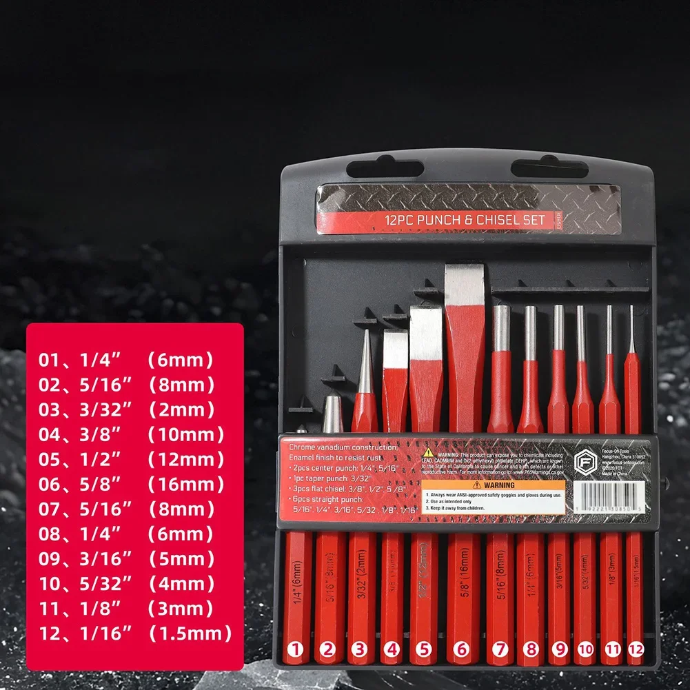 12Pcs Punch And Chisel Set Hand Tools For Metal Stone Punching Shaping Cutting Woodworking Tools Accessories