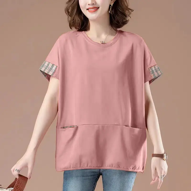 Fashion O-Neck Spliced Pockets Plaid Casual T-Shirt Women's Clothing 2024 Summer New Loose All-match Tops Commuter Tee Shirt