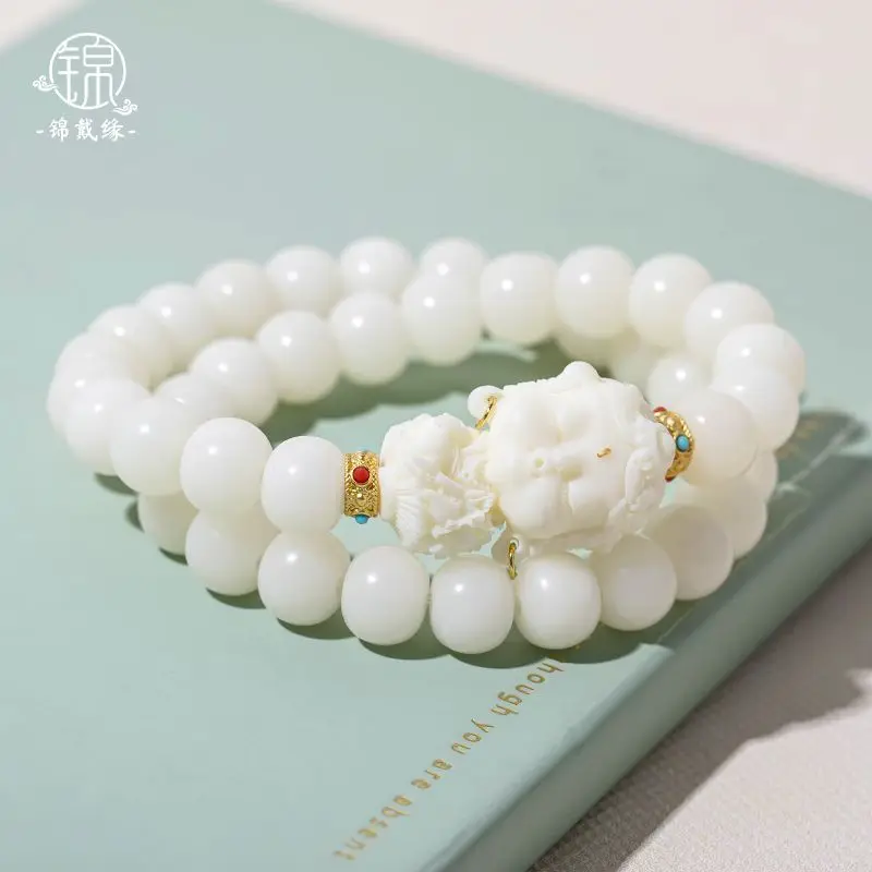 Whitejade tara budhi lotusルートペンダントブレスレット,ダブルサークル,ハンドメイド,学生用プレート,女性用ジャンプ