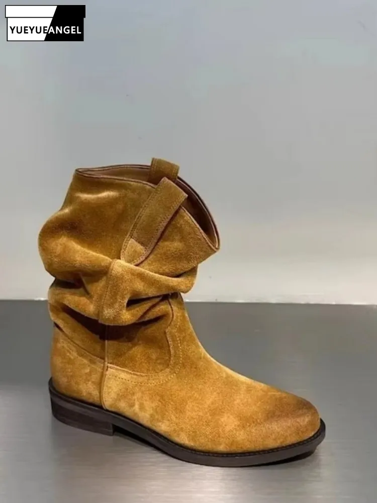 Genuine Cow Suede Pointed Toe Low Heel Women Boots Sheepskin Lining High Top Shoes New Fashion Autumn Slip-On Mid-Calf Footwear